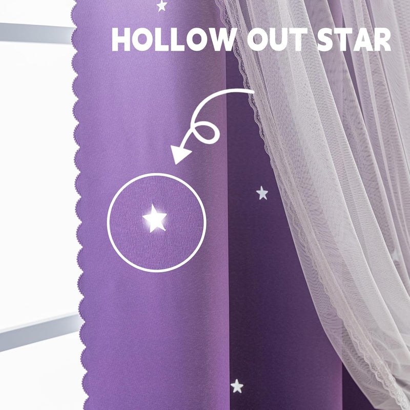 indistar Colourful Stripe Star Cut-Out Blackout Curtains for Bedroom,2 Layers Mix Design of Fabric & Tulle,Pretty Window Curtain for Kids Room 1 Panel (W52 x L72 Dark Purple) - Image 3